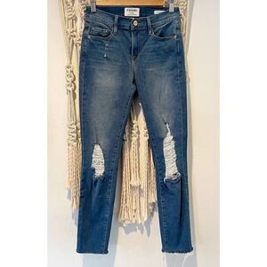 Frame Jeans Skinny Crop 25x26 Mid Rise Denim Capsule Wardrobe Distressed Raw Hem